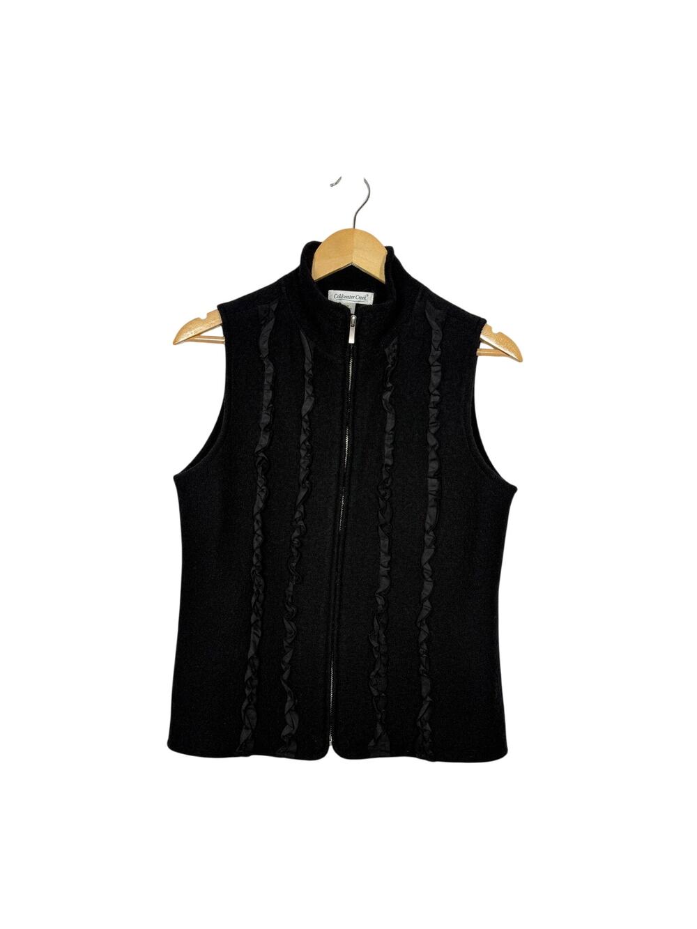 Coldwater Creek 100% Wool Vest Womens Size Small Black Ruffle Zip Front Preppy